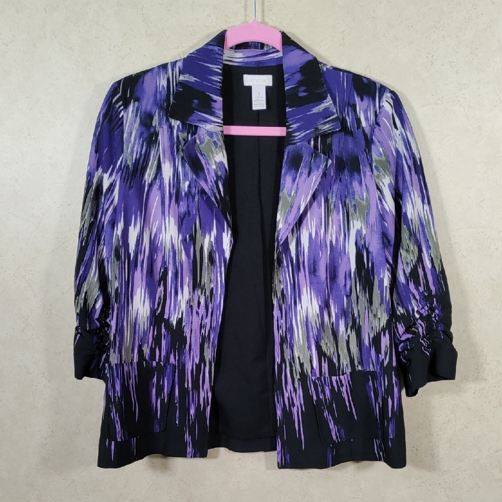 4157 Chico's purple, black & green knit open front jacket 1 M